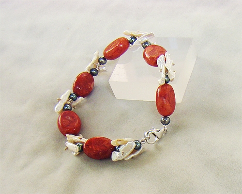 Pulsera de Coral esponja, Perla cultivada y cierre de plata