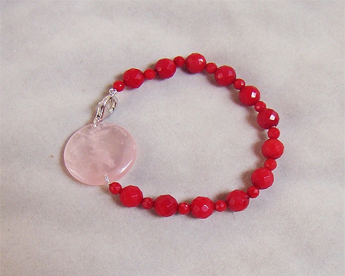 Pulsera de Cuarzo rosa español, Coral y Plata.