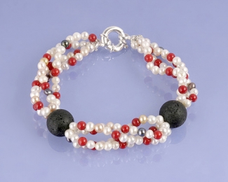 Pulsera de Lava, Perla Freshwater cultivada, Coral bambú y plata